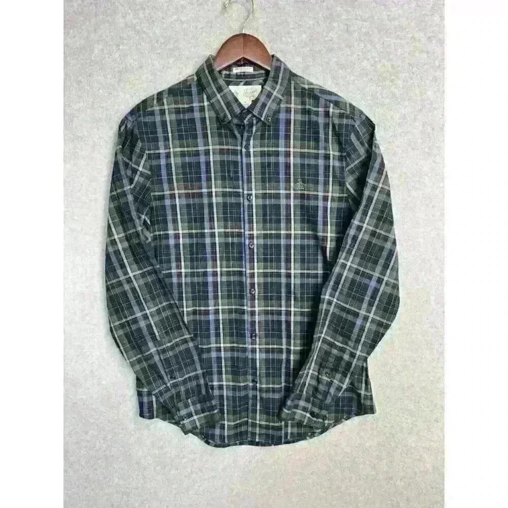 Original Penguin Shirt Slim Fit Mens Button Down Long Sleeve Sz M Blue Plaid EUC